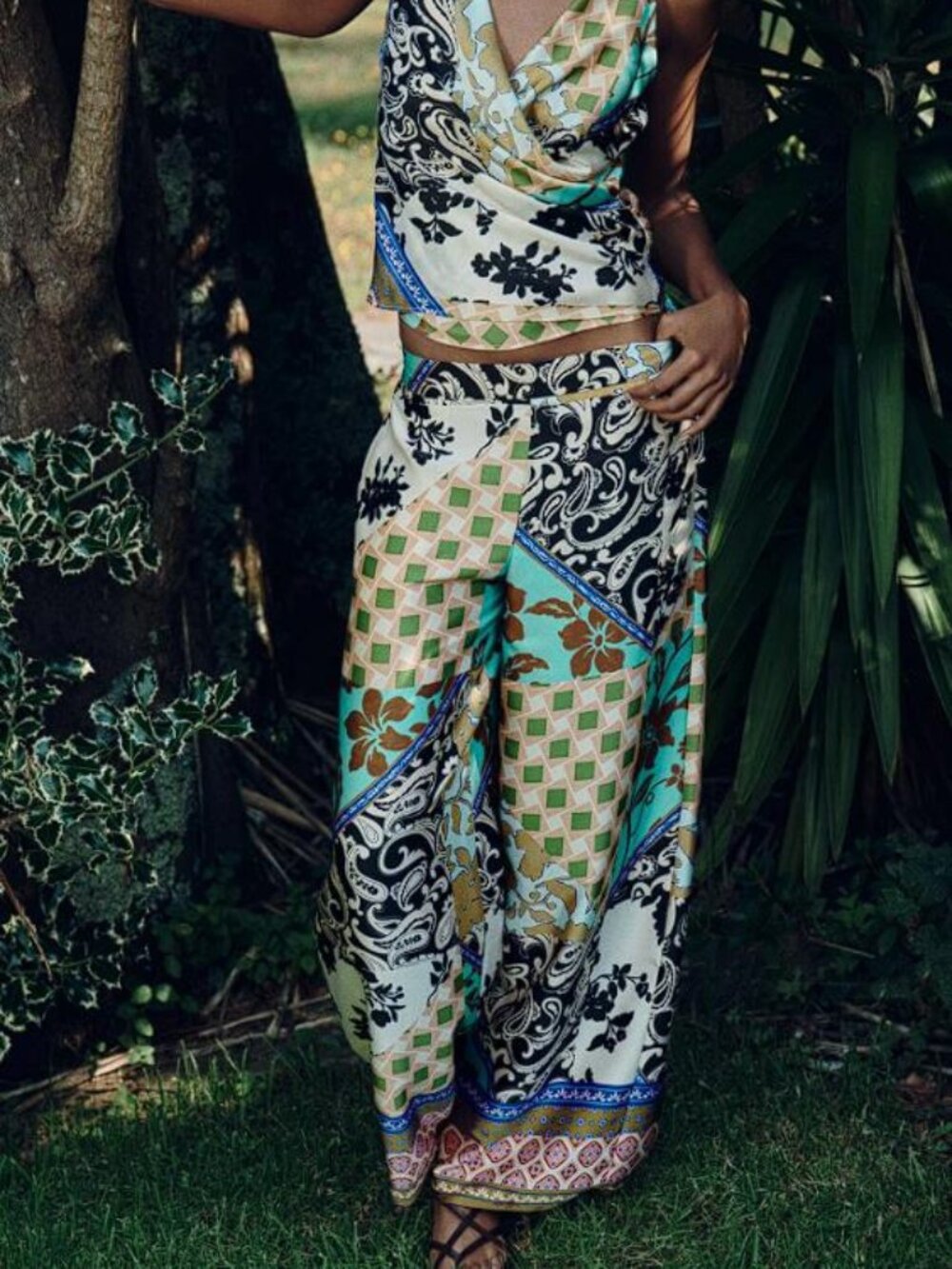 ZARA Women's Satin Effect Patchwork Print Trousers Size S